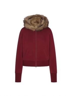 SKIMS Faux Fur Fully Lined Zip Up Hoodie XL Limited Edition woman's burgundy NWT